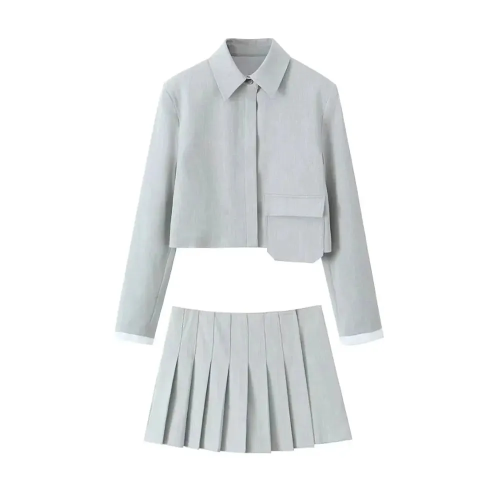 A&A Chic Button Jacket Patch Pocket And Pleated Skirt Set