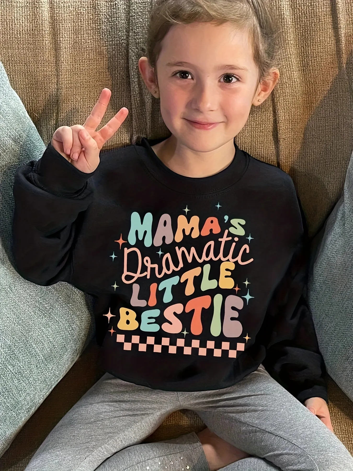 Adorable "Mama's Dramatic Little Bestie" Print Pullover Sweatshirt - Soft Fleece, Warm Long Sleeve, Toddler-Friendly Design, Cozy Winter Gift for Little Girls, Perfect for Casual Daily Wear, Playdates, and Special Occasions