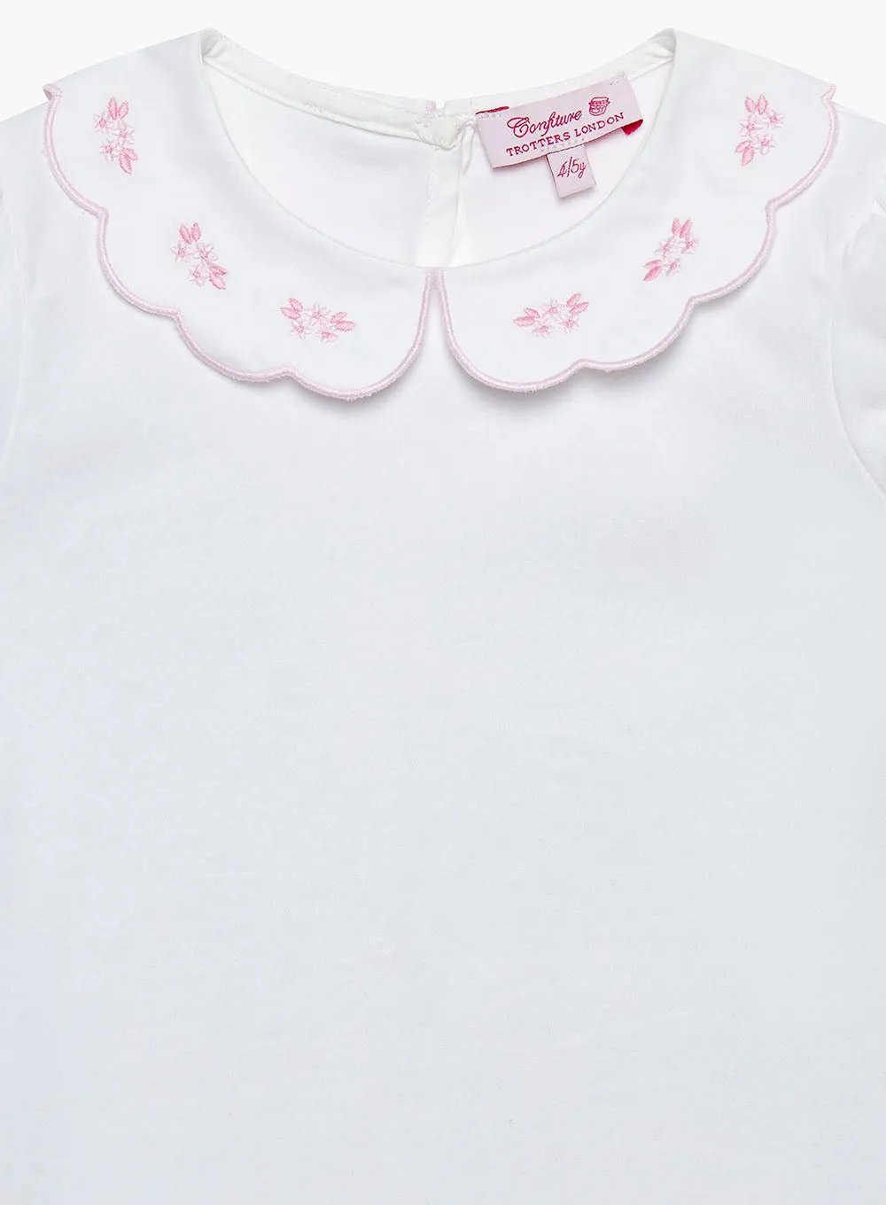 Ava Embroidered Petal Jersey Top in White/Pink