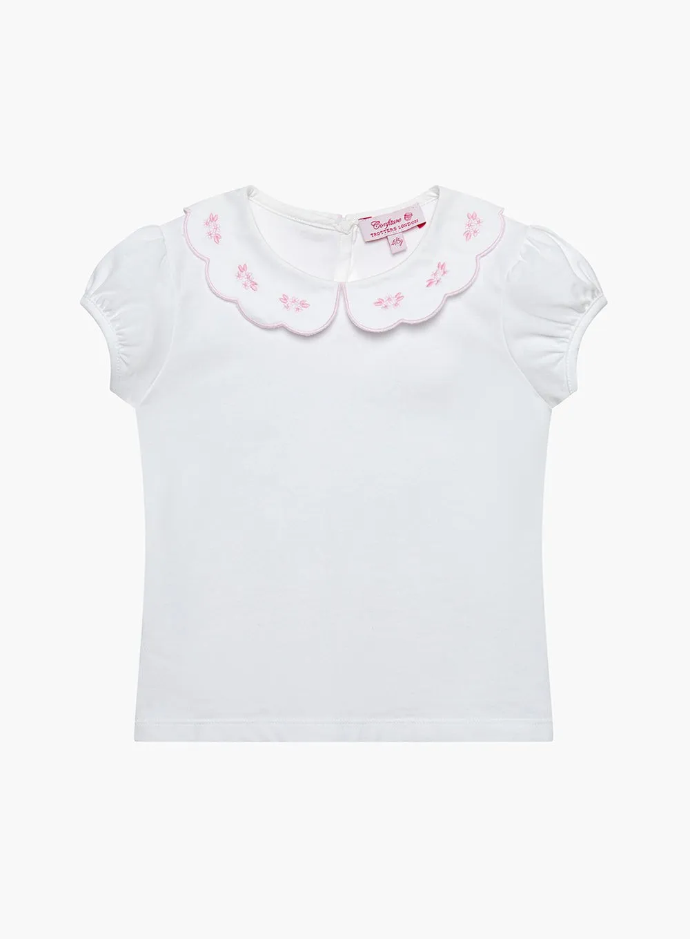 Ava Embroidered Petal Jersey Top in White/Pink