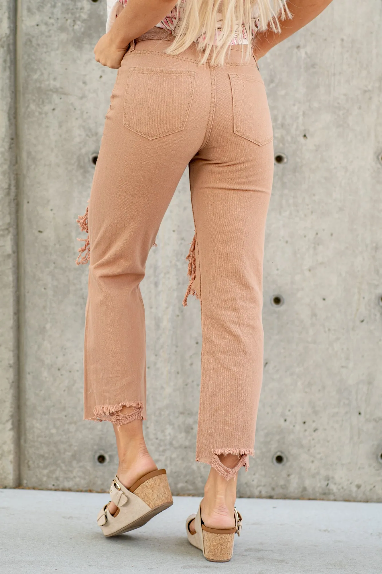 Beige High Rise Distressed Straight Leg