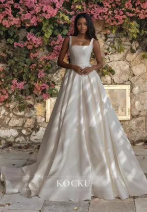 Causal & Simple A Line Square Satin Wedding Dress with Train Bridal Gown