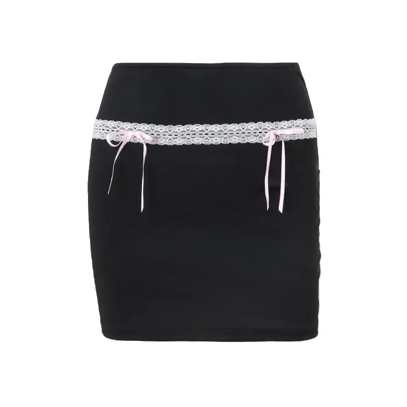 Chic Lace Stitch High-waist Bow Bodycon Short Skirt