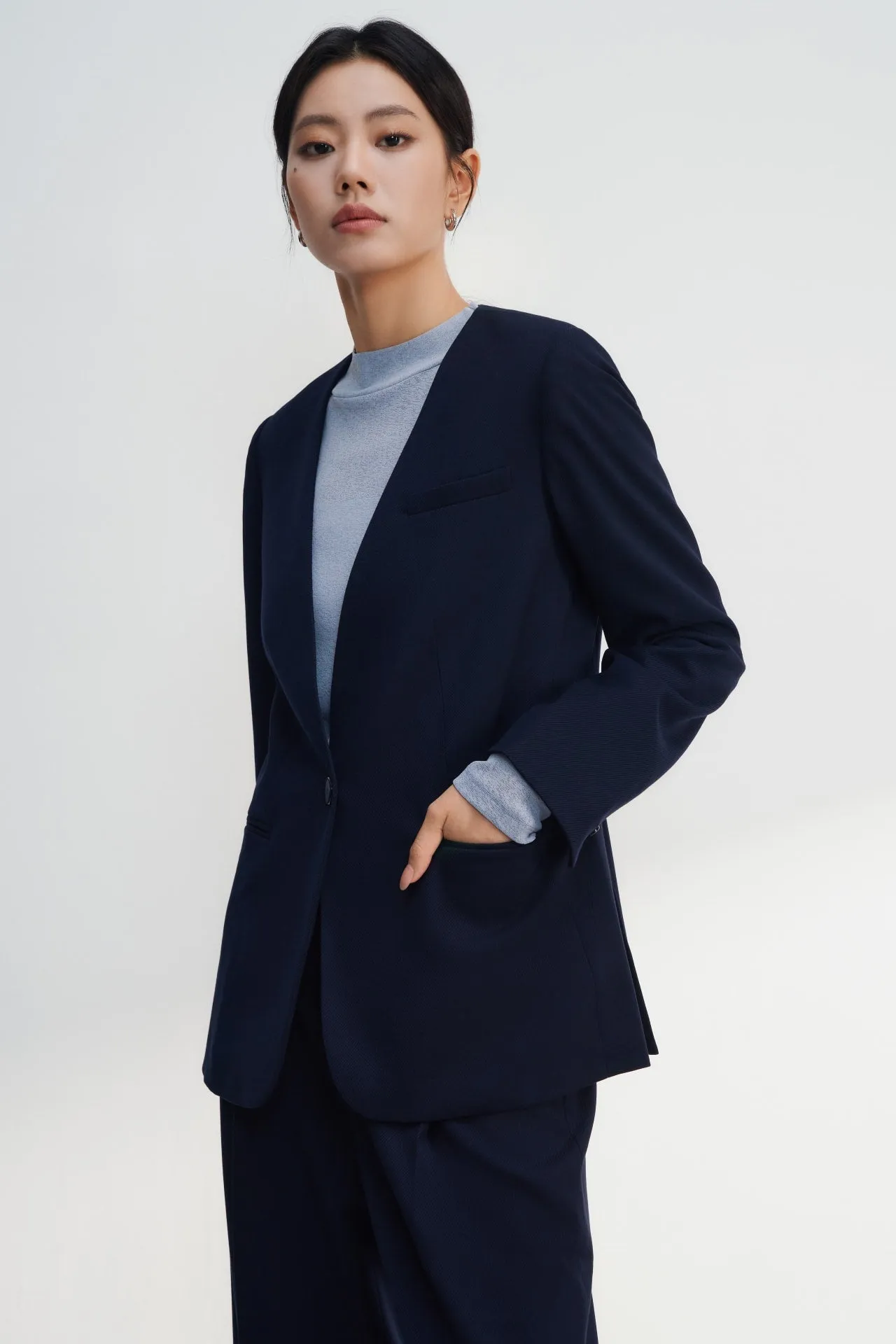 Collarless Twill Relaxed Fit Suit Blazer With Scarf