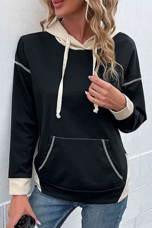 Contrast Drawstring Detail Drop Shoulder Hoodie