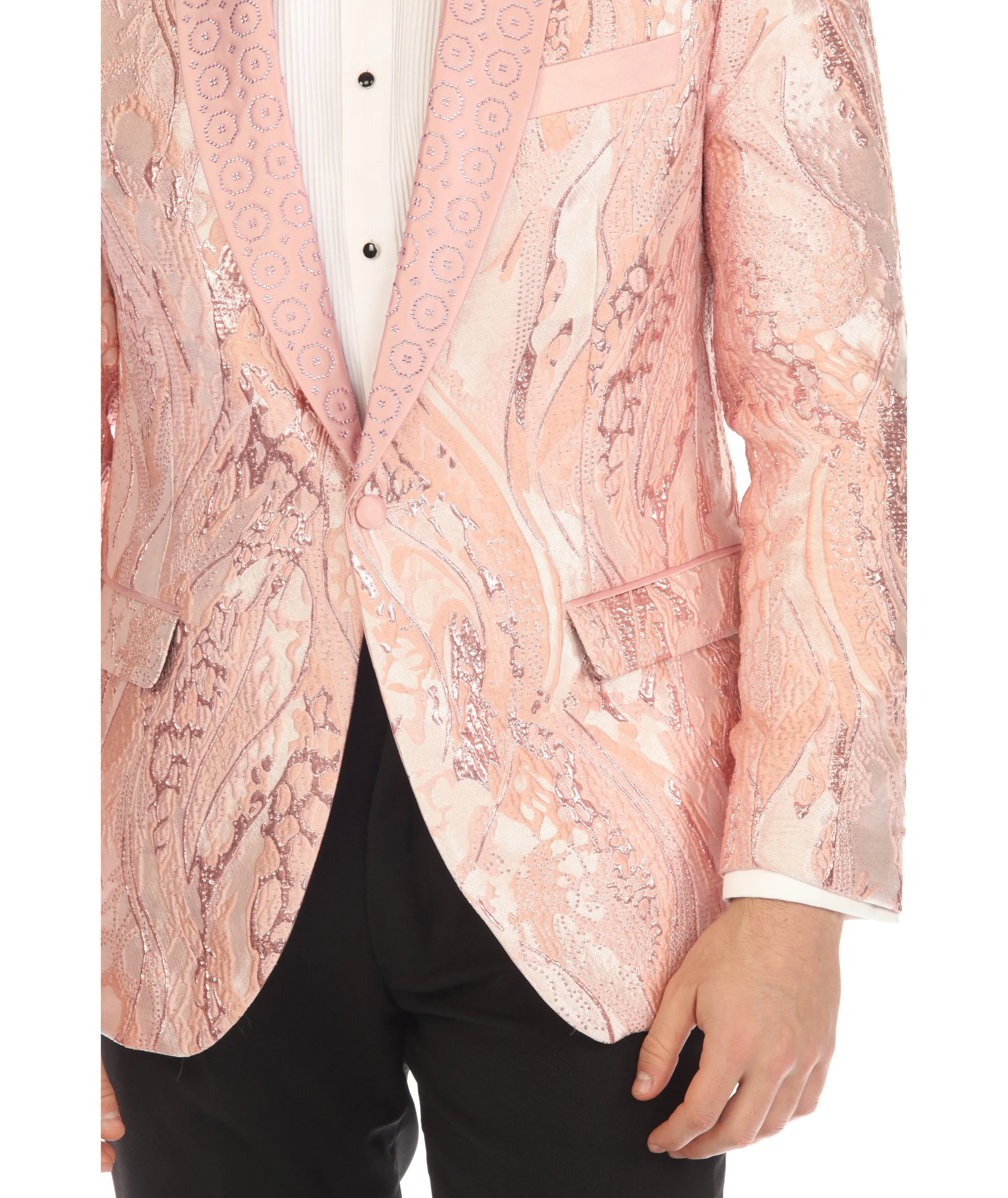 COSMOPOLITAN - PINK MENS COSMOPOLITAN PINK SHAWL COLLAR TUXEDO 1 BUTTON 2 VENT SLIM FIT BLAZER