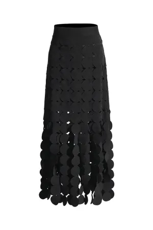 Creative High Waist Laser Cut Out Circle Guipure Lace Fringe Maxi Skirt