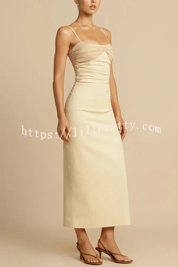 Effortless Elegance Contrast Gauze Fabric Ruched Slit Slip Midi Dress