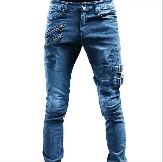 Fashion Style Ripped Skinny Jeans Men Solid Denim Casual Slim Fit Pants