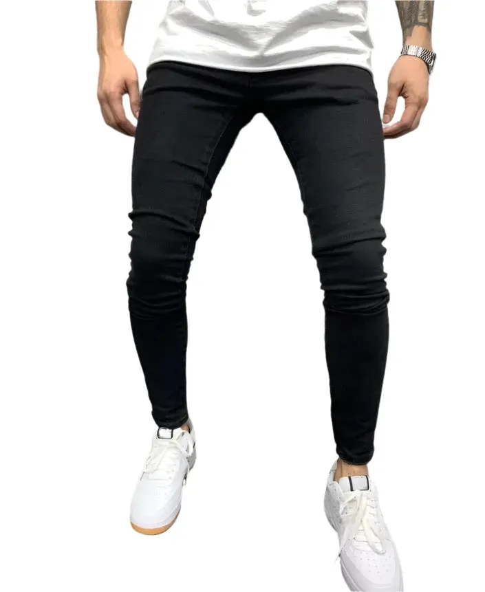 Fashion Style Ripped Skinny Jeans Men Solid Denim Casual Slim Fit Pants