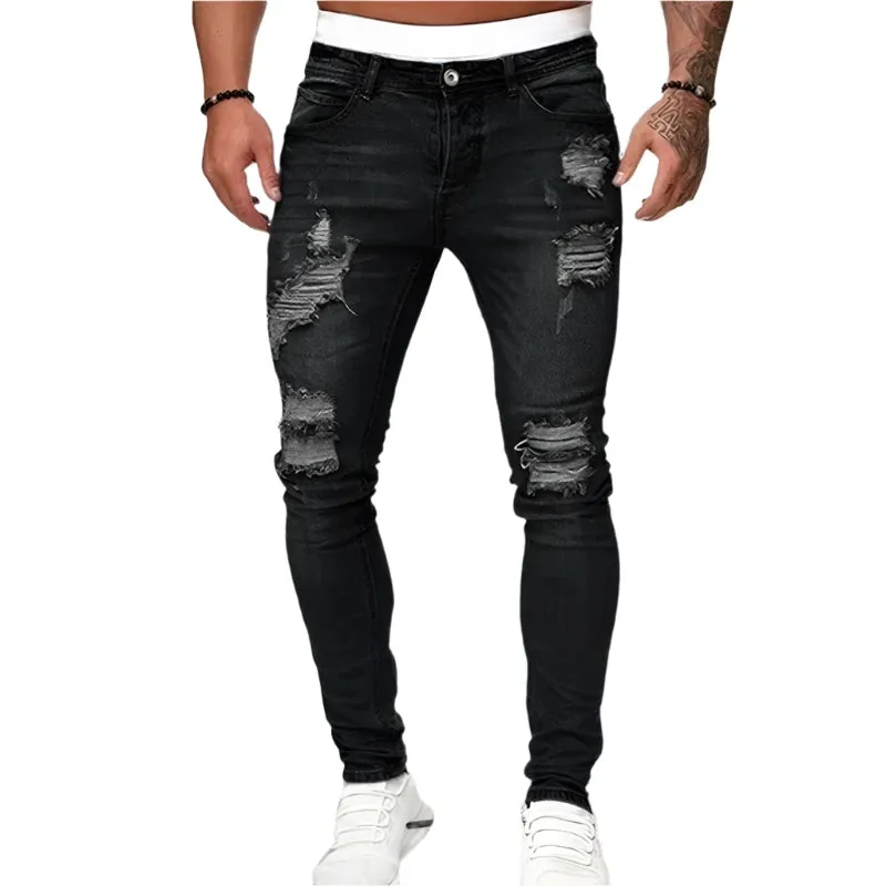 Fashion Style Ripped Skinny Jeans Men Solid Denim Casual Slim Fit Pants