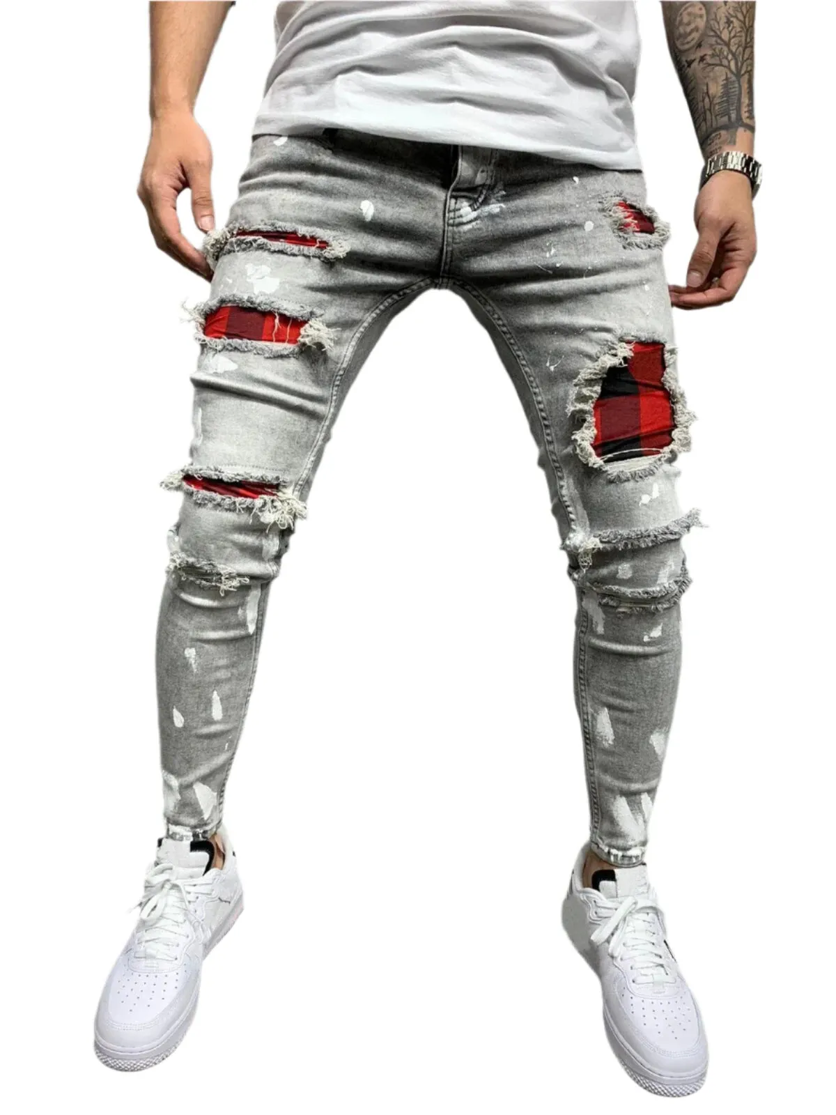 Fashion Style Ripped Skinny Jeans Men Solid Denim Casual Slim Fit Pants