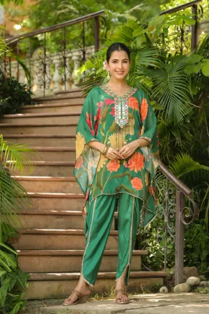 Green Floral Printed Italian Silk Kaftan Set