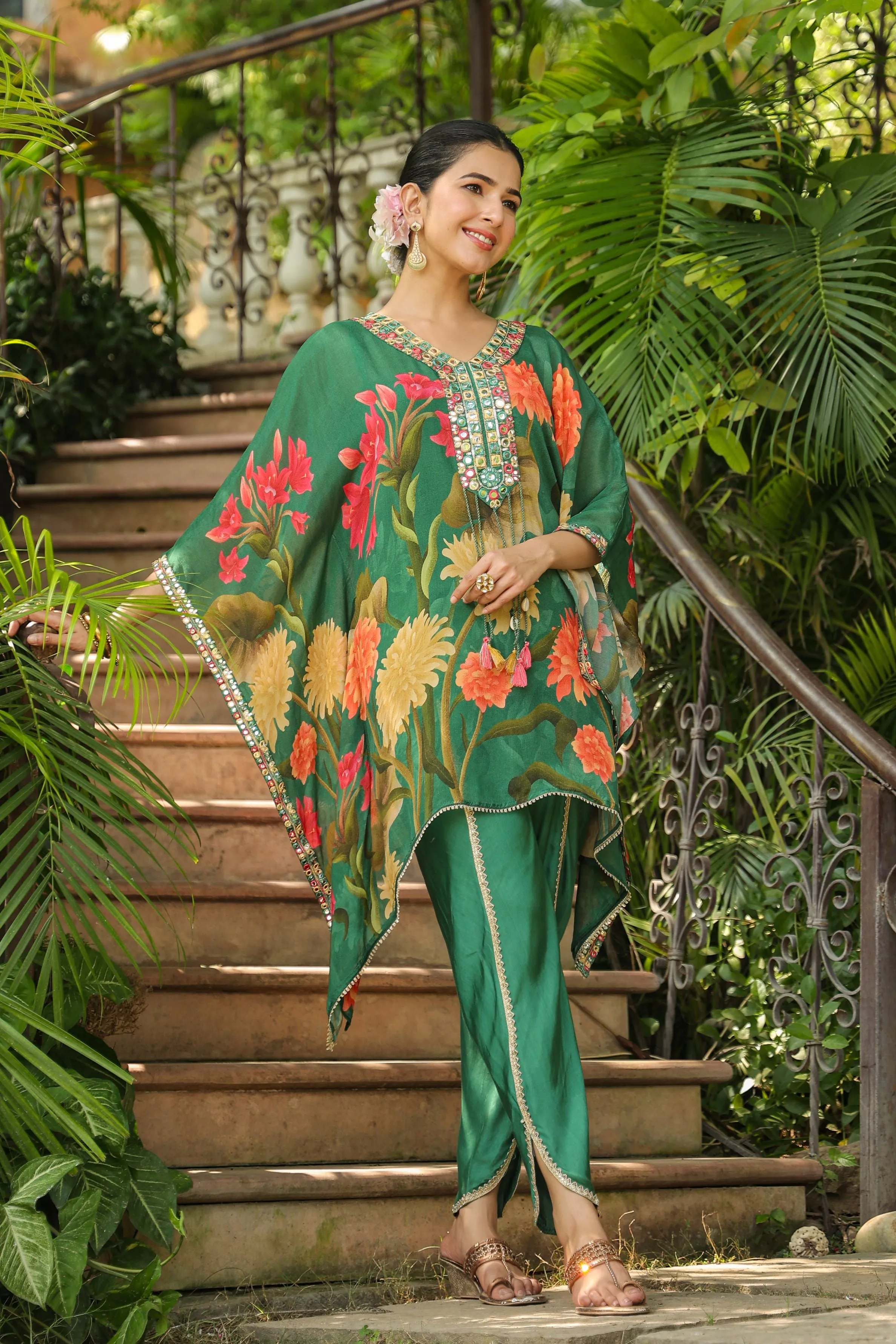 Green Floral Printed Italian Silk Kaftan Set