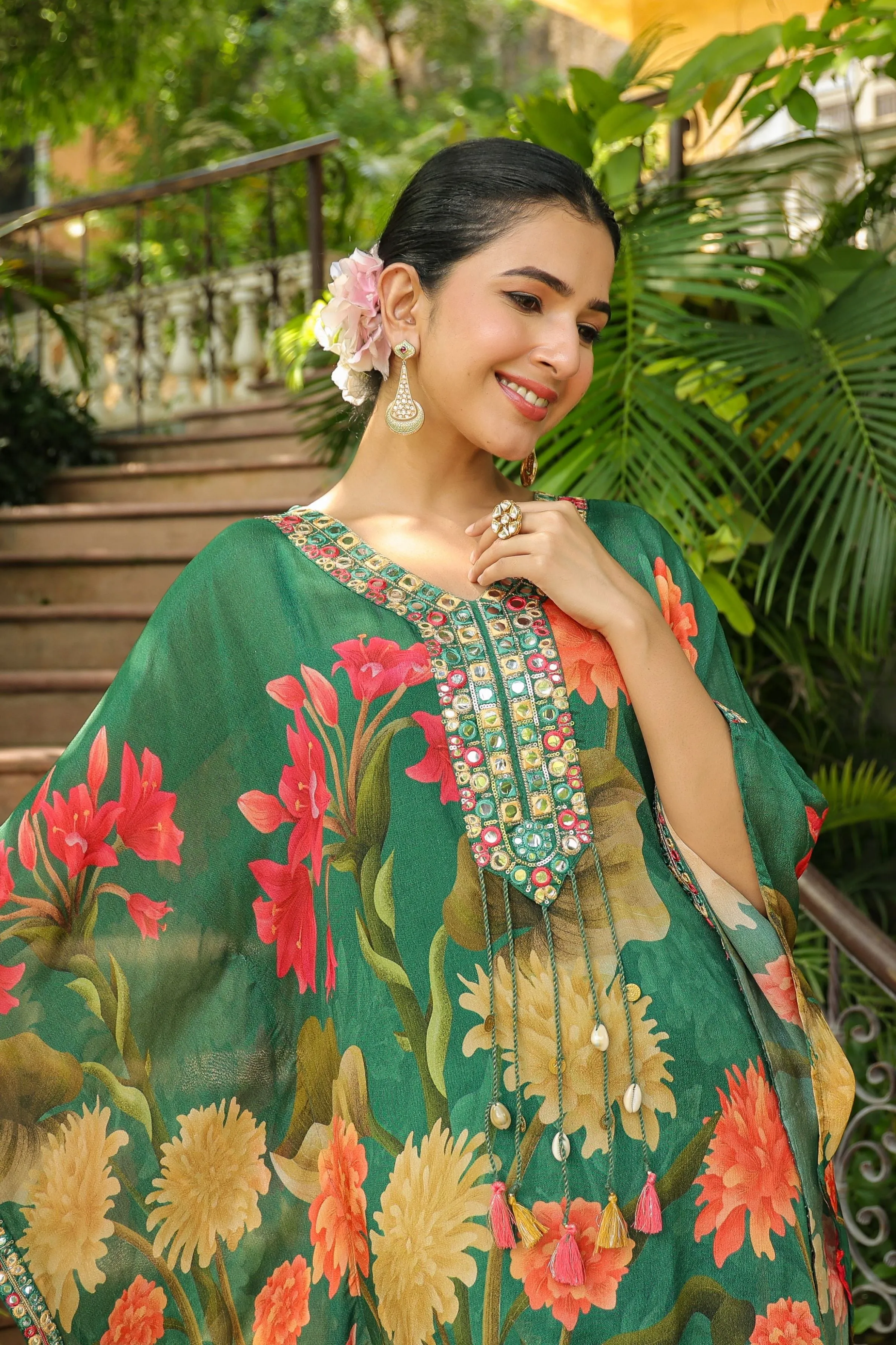 Green Floral Printed Italian Silk Kaftan Set