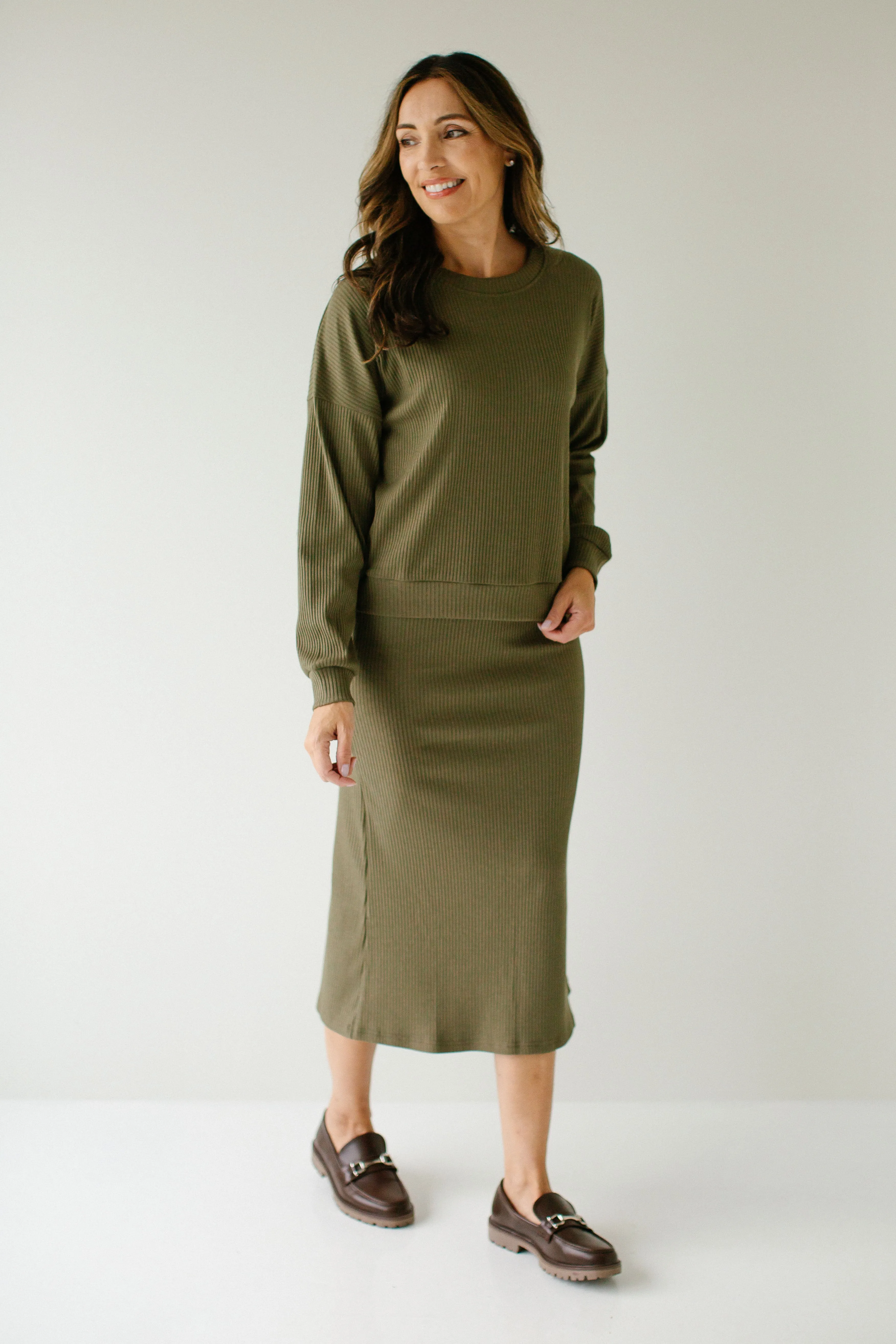 'Grove' Ribbed Midi Skirt in Olive