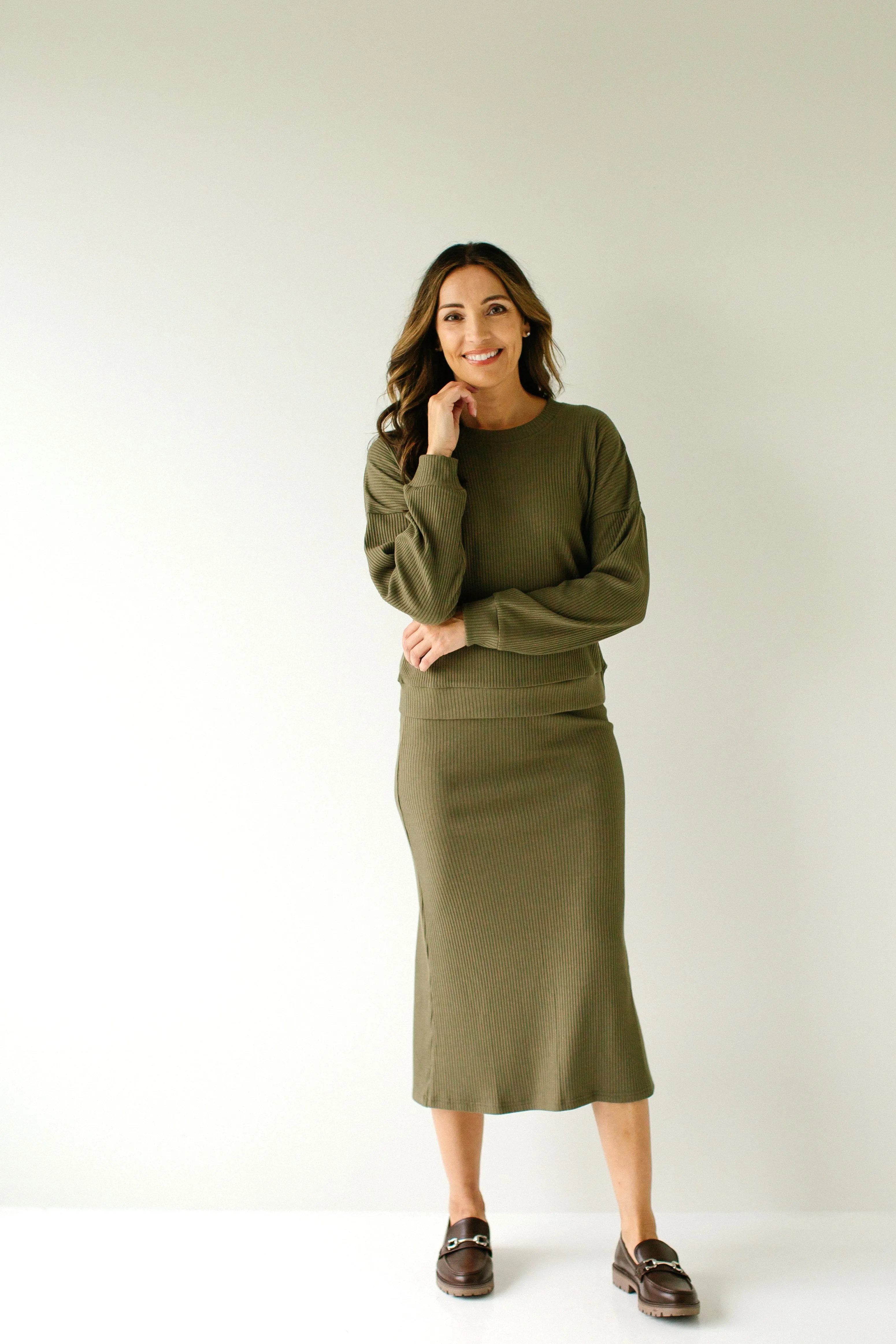 'Grove' Ribbed Midi Skirt in Olive