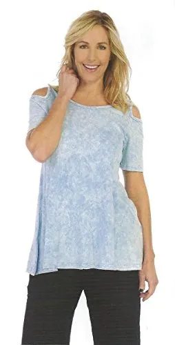 Jess & Jane Icy Blue Mineral Washed Cotton Slub Open Shoulder Short Sleeve Tunic