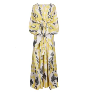 Livorno Lemon Cotton Ikat Maxi Kaftan Dress Hand Woven Only Two Available