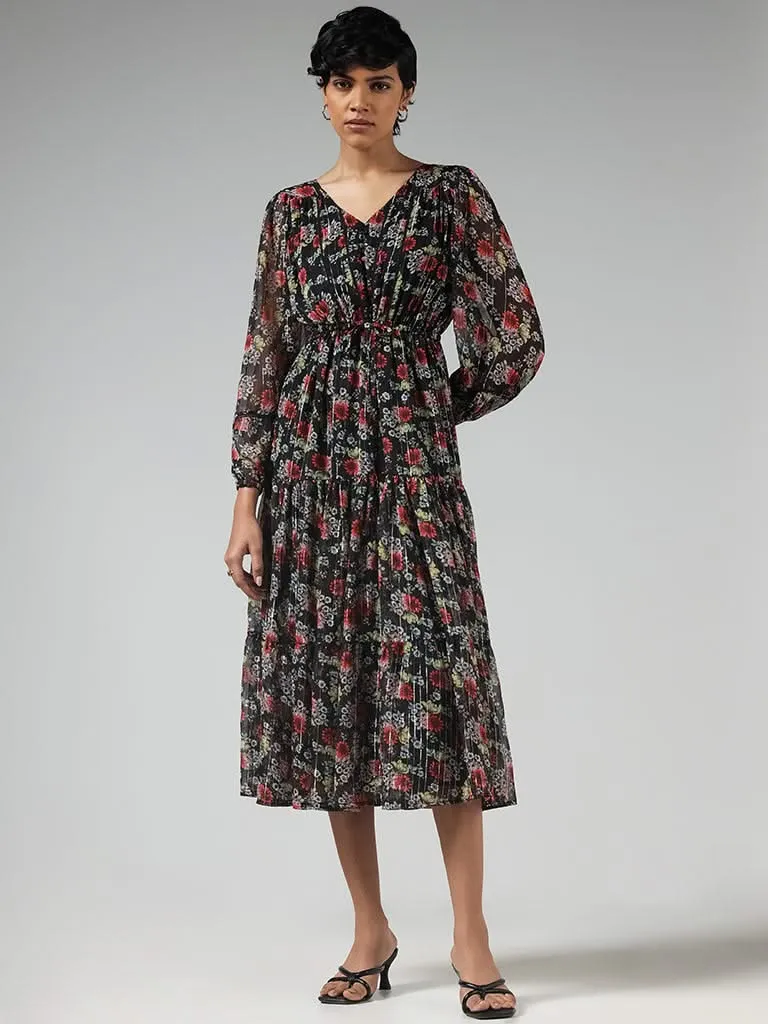 LOV Black Floral Printed Tiered Dress