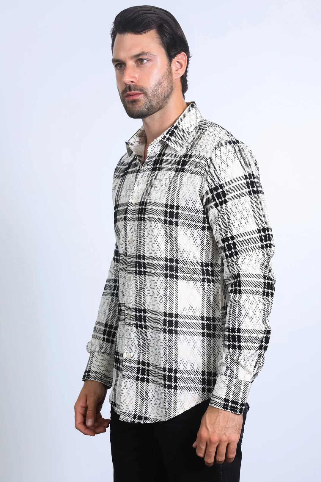 Men's Checkered Flocked Modern Fit Spandex Beige Shirt