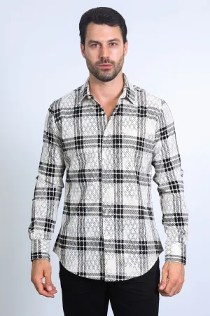 Men's Checkered Flocked Modern Fit Spandex Beige Shirt