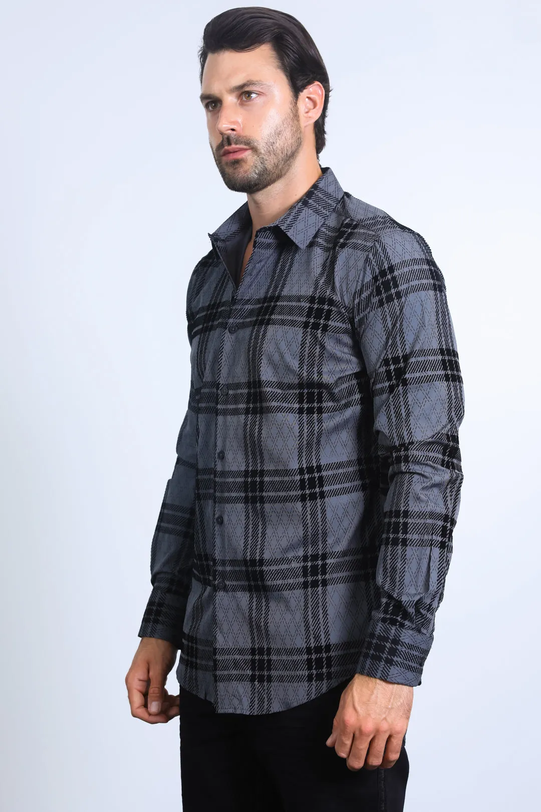 Men's Checkered Flocked Modern Fit Spandex Charcoal Shirt