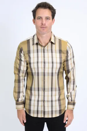 Mens Checkered Long Sleeve Beige Shirt