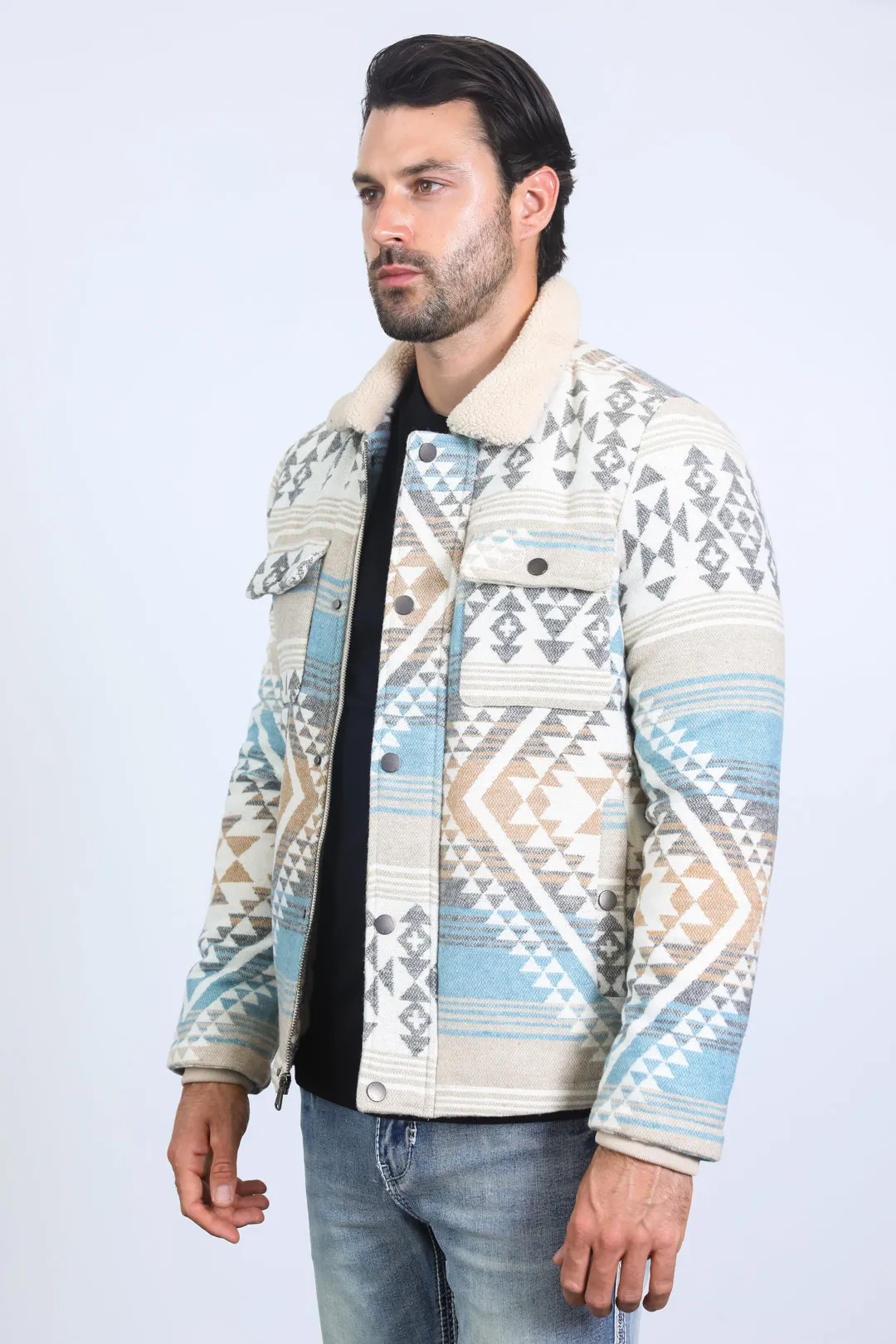 Mens Ethnic Aztec Quilted Twill Beige Jacket