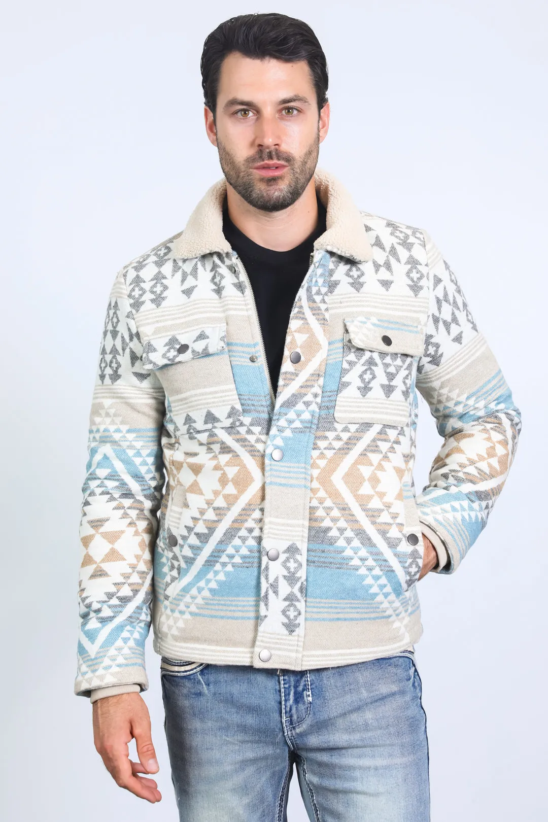 Mens Ethnic Aztec Quilted Twill Beige Jacket