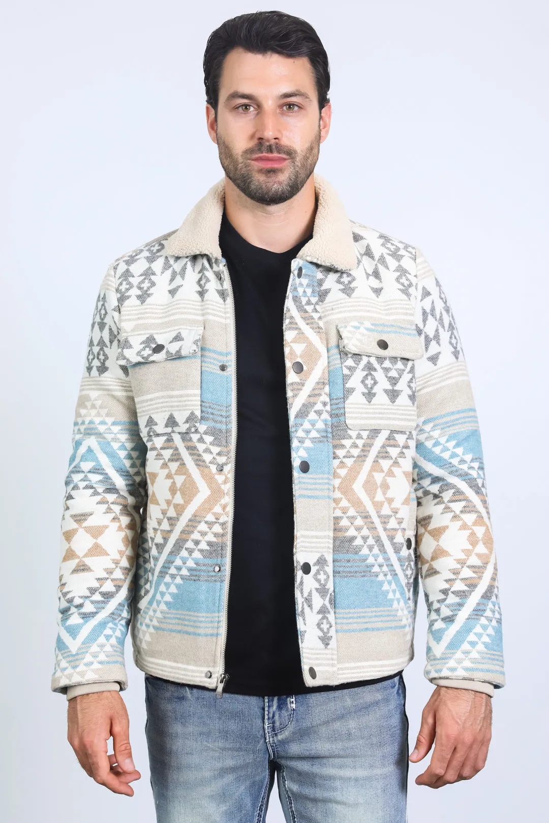 Mens Ethnic Aztec Quilted Twill Beige Jacket