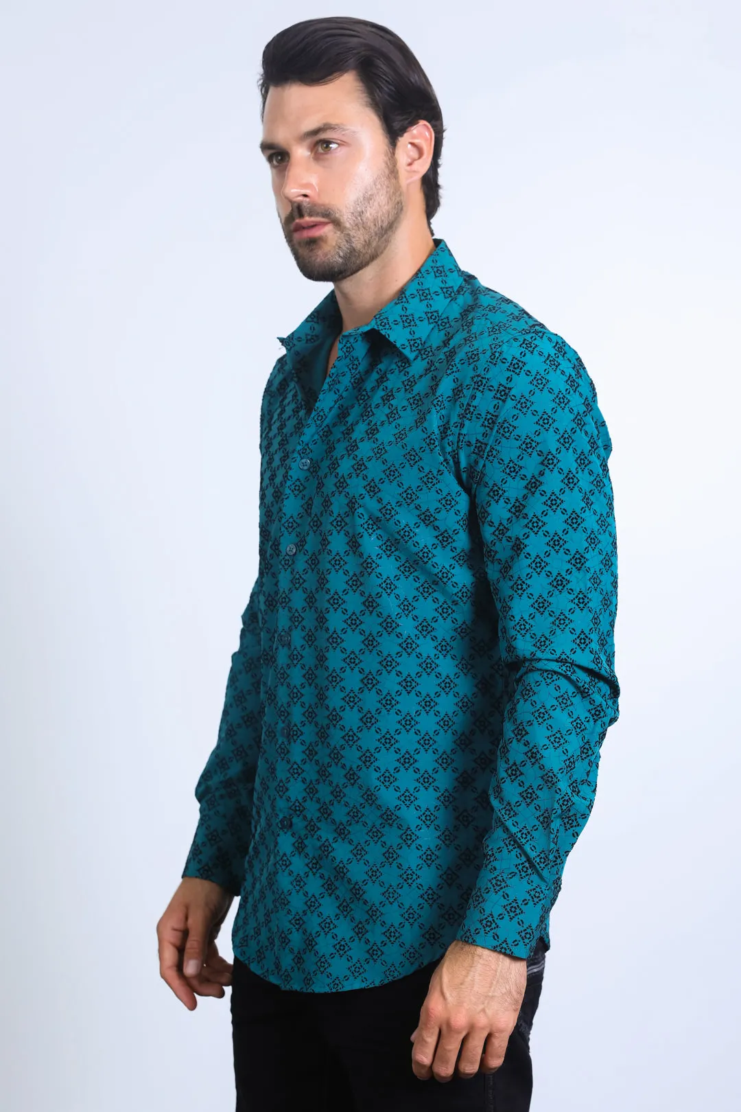 Men's Flocked Style Modern Fit Spandex Teal Shirt