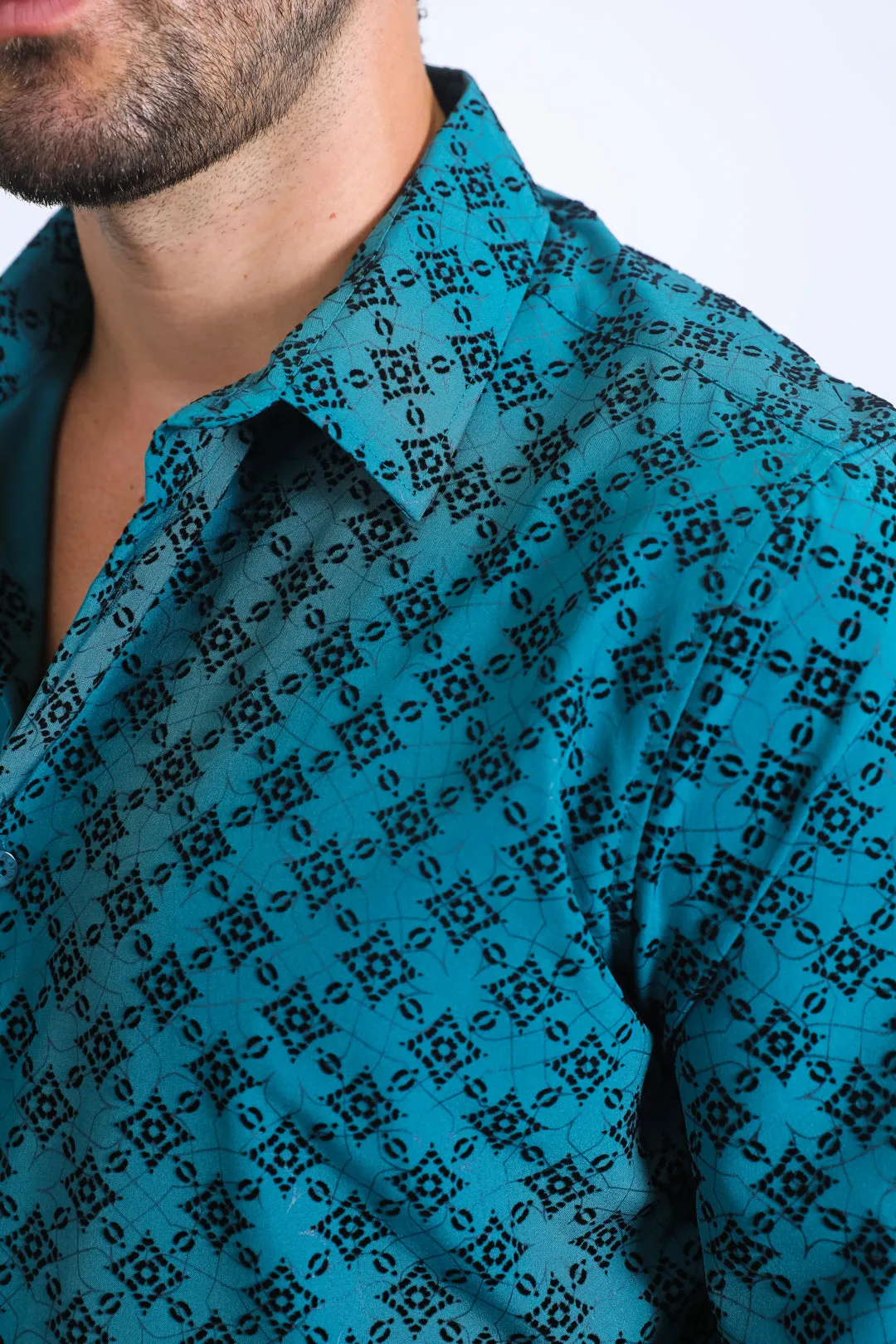 Men's Flocked Style Modern Fit Spandex Teal Shirt