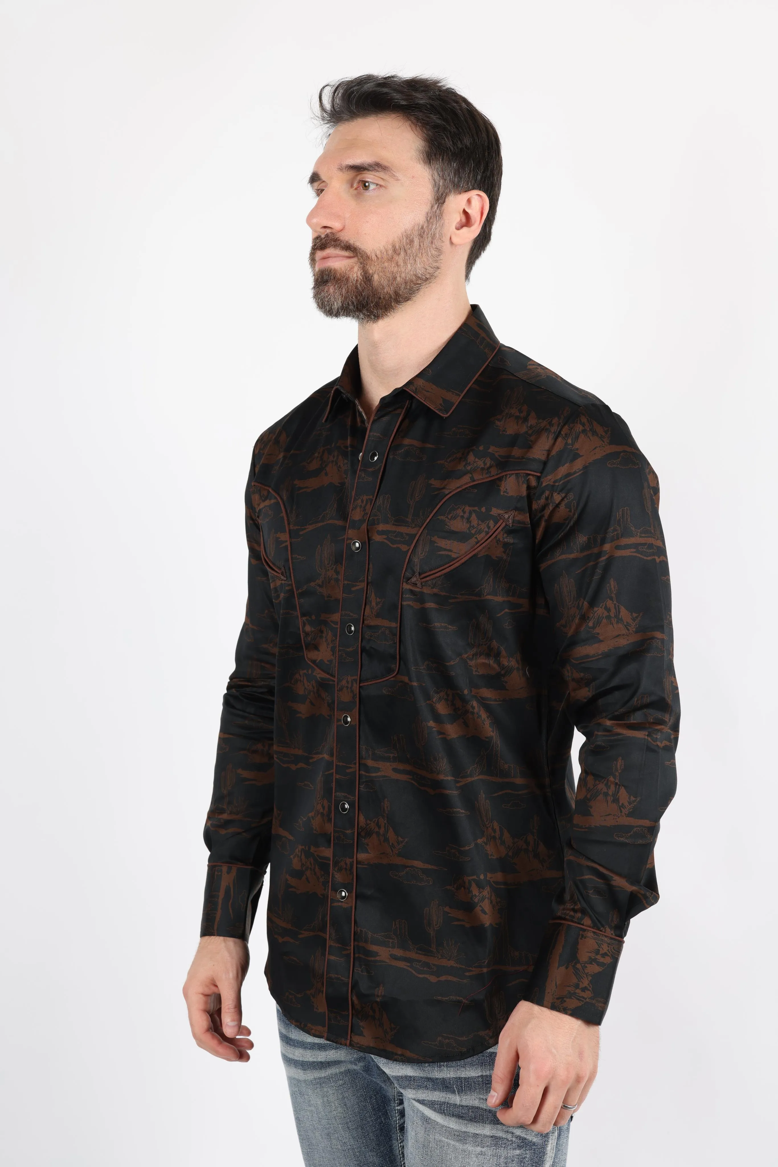 Mens Modern Fit Cotton Stretch Piping Cactus Monogram Print Shirt