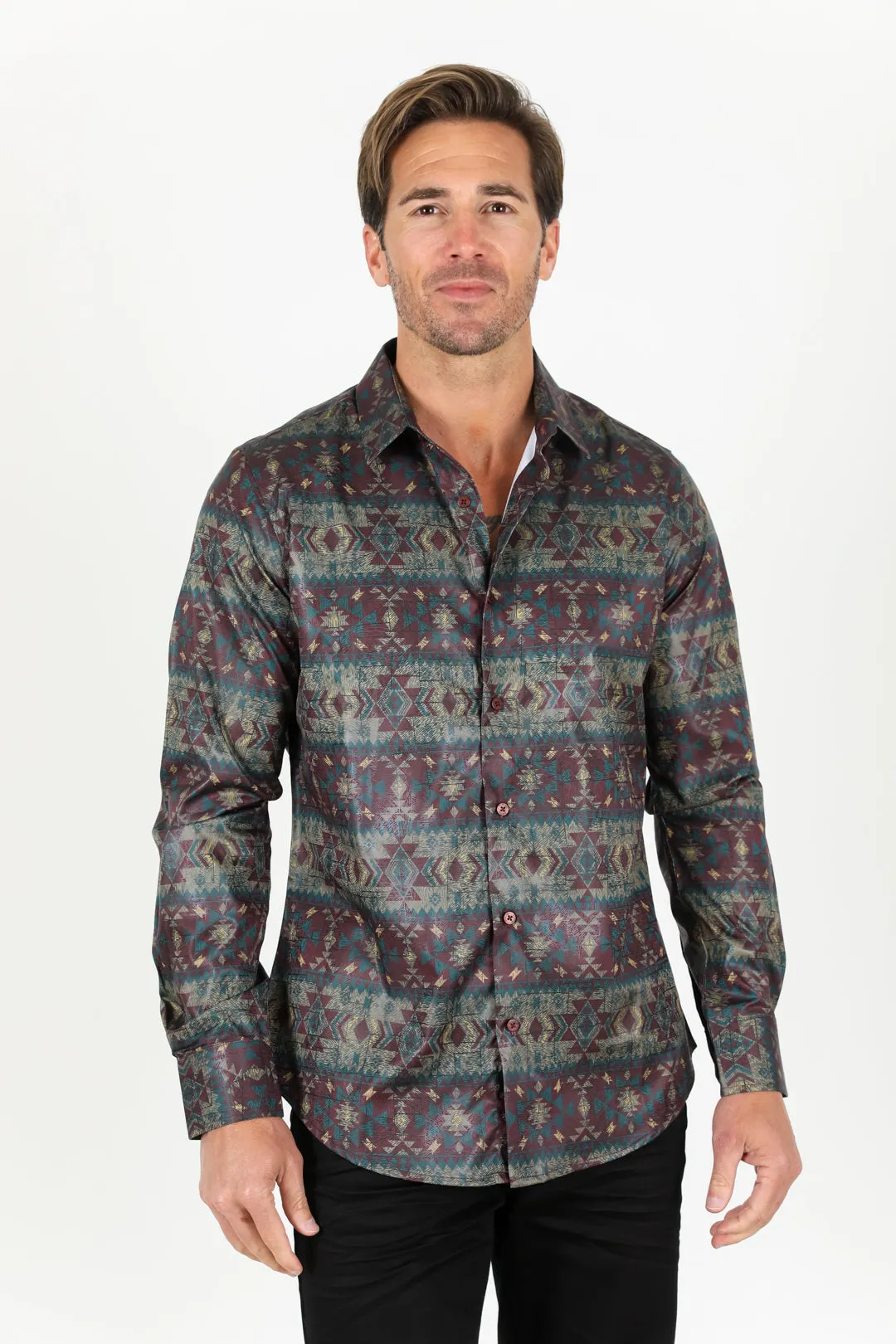 Mens Modern Fit Stretch Aztec Foiled Shirt - Brown