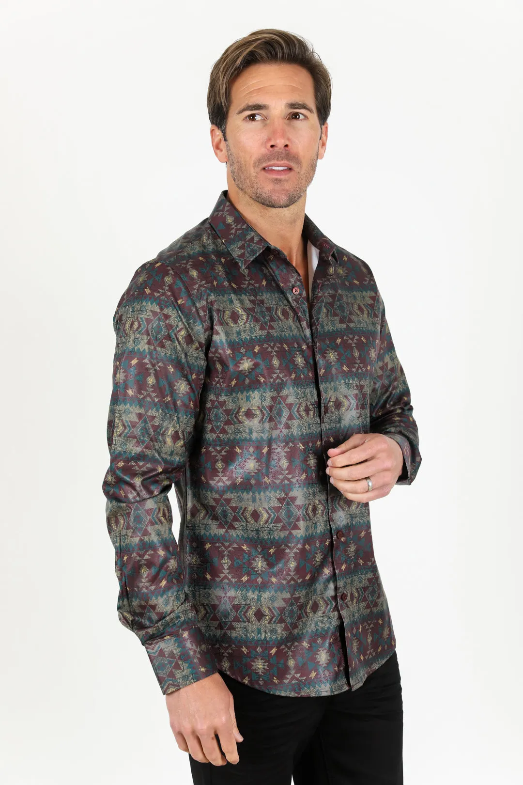 Mens Modern Fit Stretch Aztec Foiled Shirt - Brown