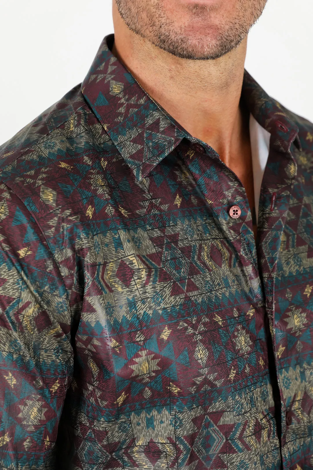 Mens Modern Fit Stretch Aztec Foiled Shirt - Brown