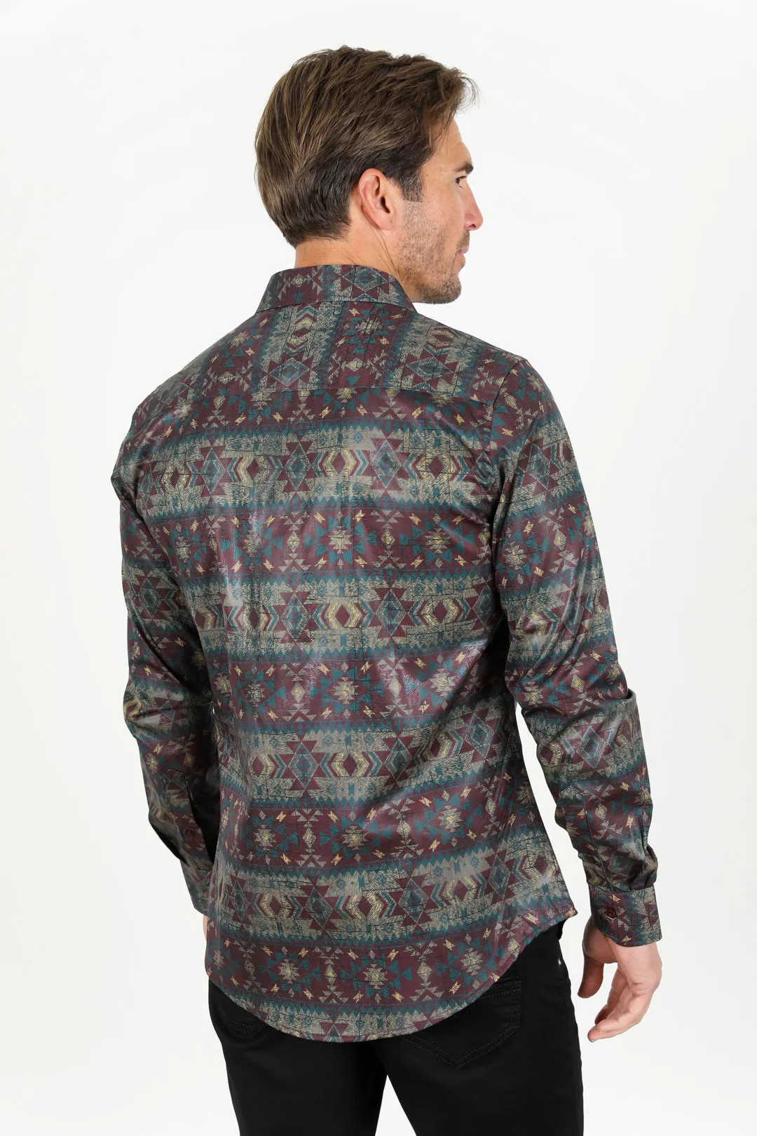 Mens Modern Fit Stretch Aztec Foiled Shirt - Brown