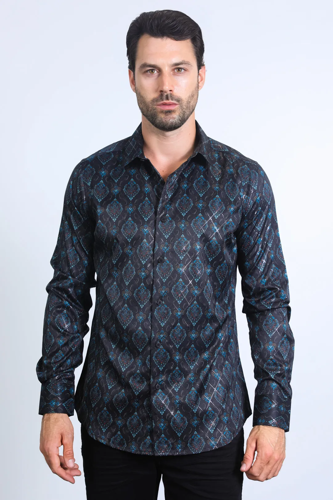 Mens Modern Fit Stretch Foil Fashion Black/Black Shirt