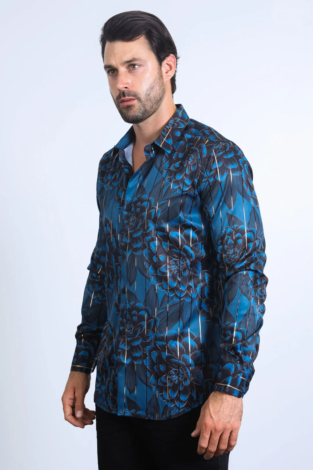 Mens Modern Fit Stretch Foil Fashion DK. Teal Shirt