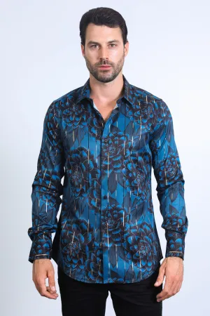 Mens Modern Fit Stretch Foil Fashion DK. Teal Shirt