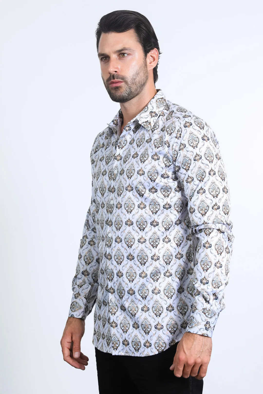 Mens Modern Fit Stretch Foil Fashion White/Khaki Shirt