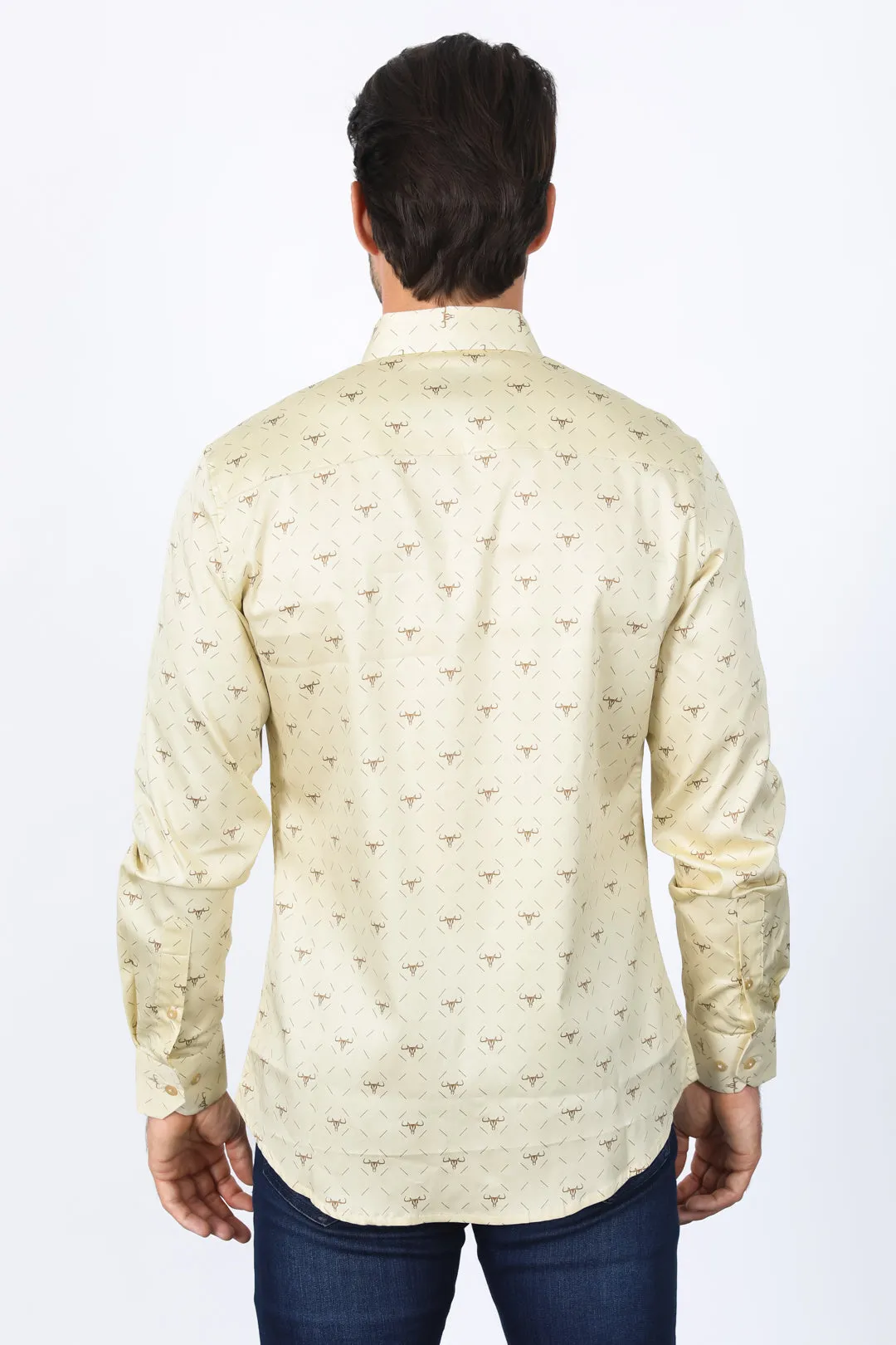 Mens Satin Cotton Modern Fit Beige Long Sleeve Shirt