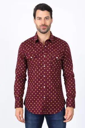 Mens Western Modern Fit Wine Long Sleeve Shirt with Snaps