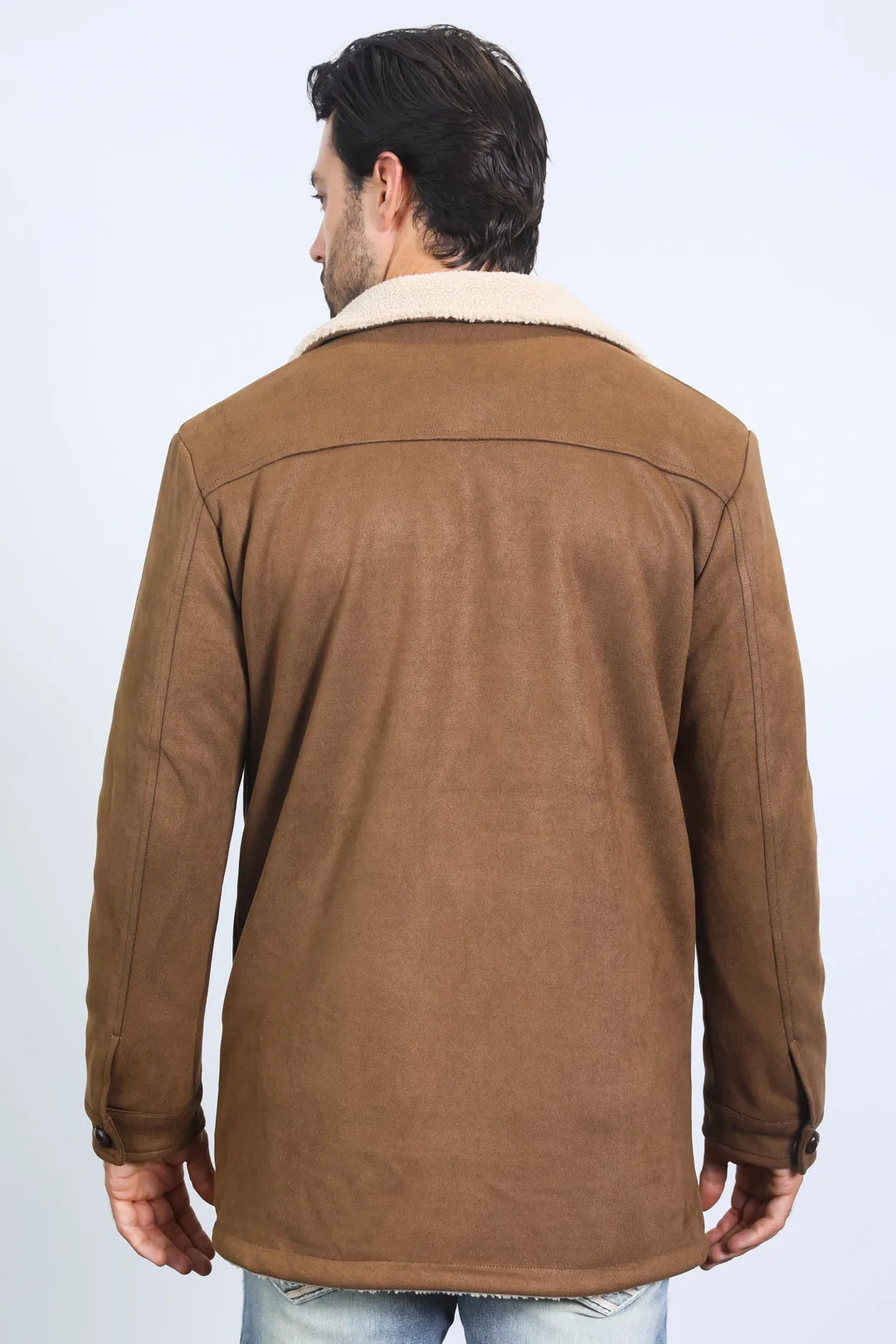 Mens Western-Style Long Faux Suede Brown Coat