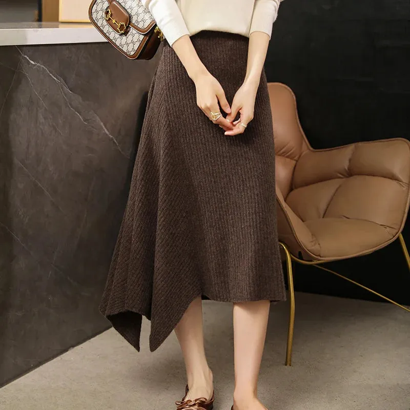 Merino Wool Skirt for Women, Korean Style, Asymmetrical Knee-Length, Autumn/Winter Fashion