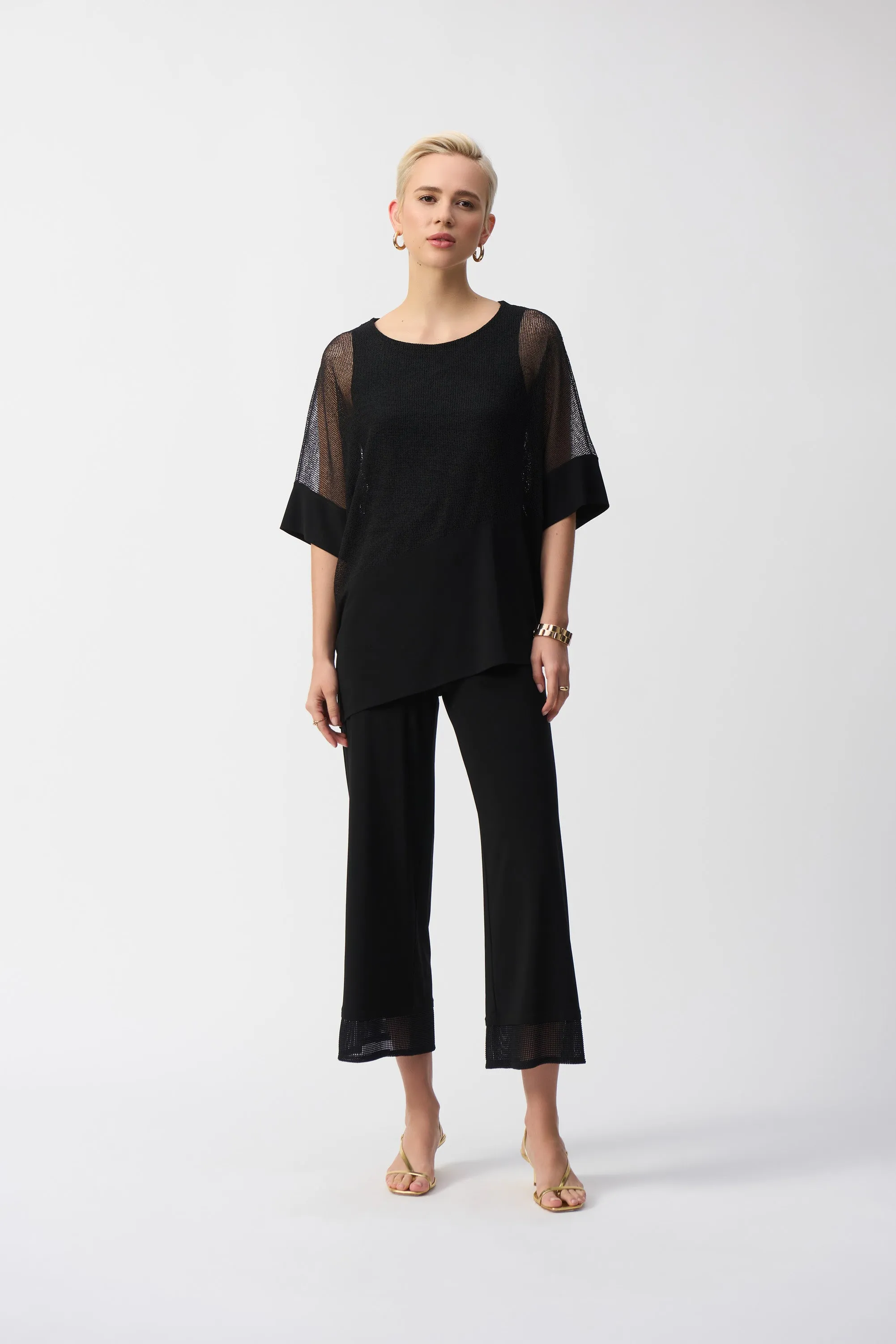 Mesh & Silky Knit Angled Top, Black