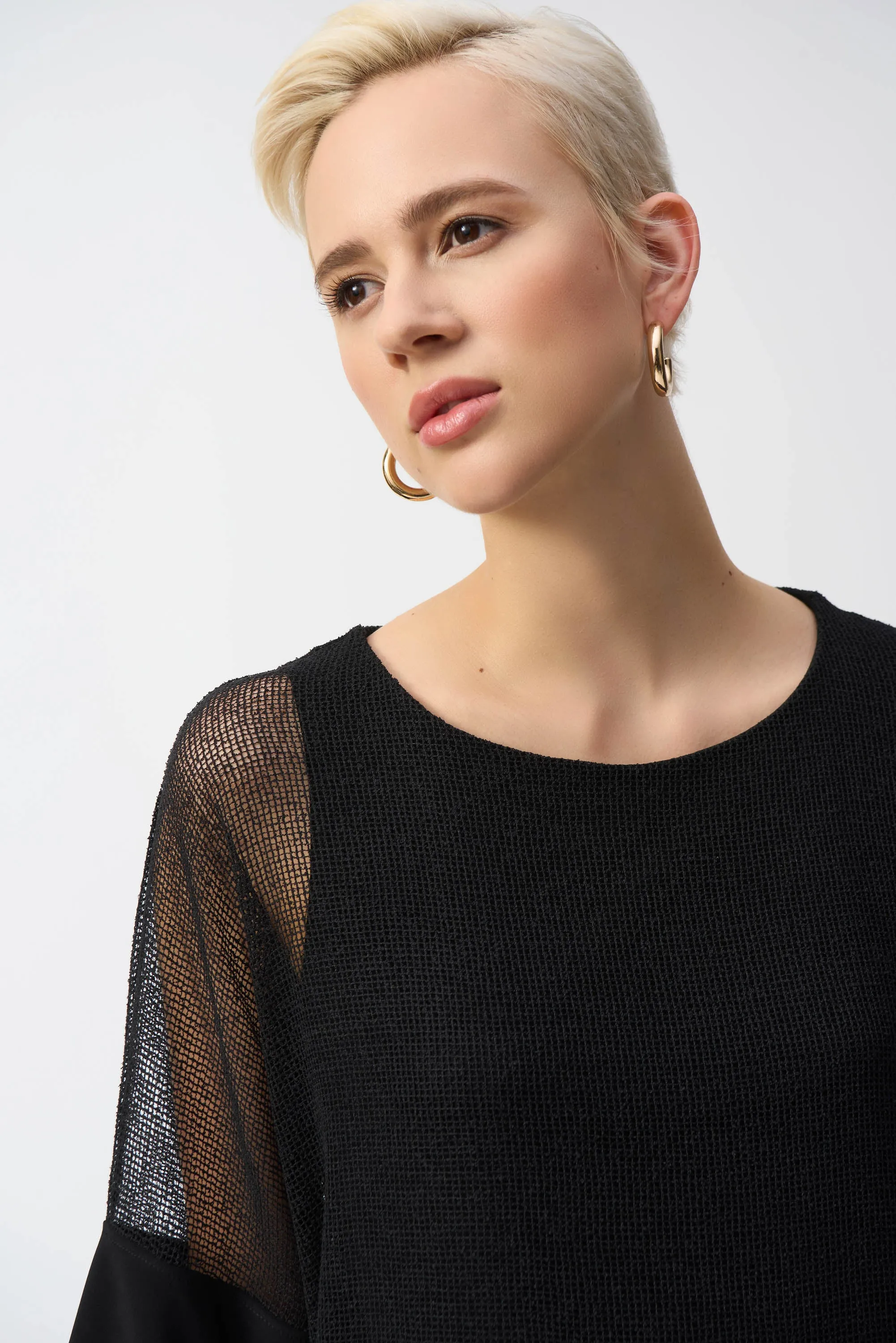 Mesh & Silky Knit Angled Top, Black