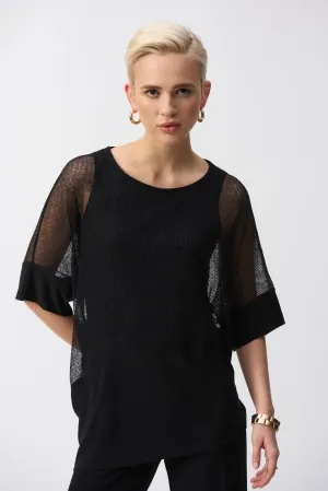 Mesh & Silky Knit Angled Top, Black