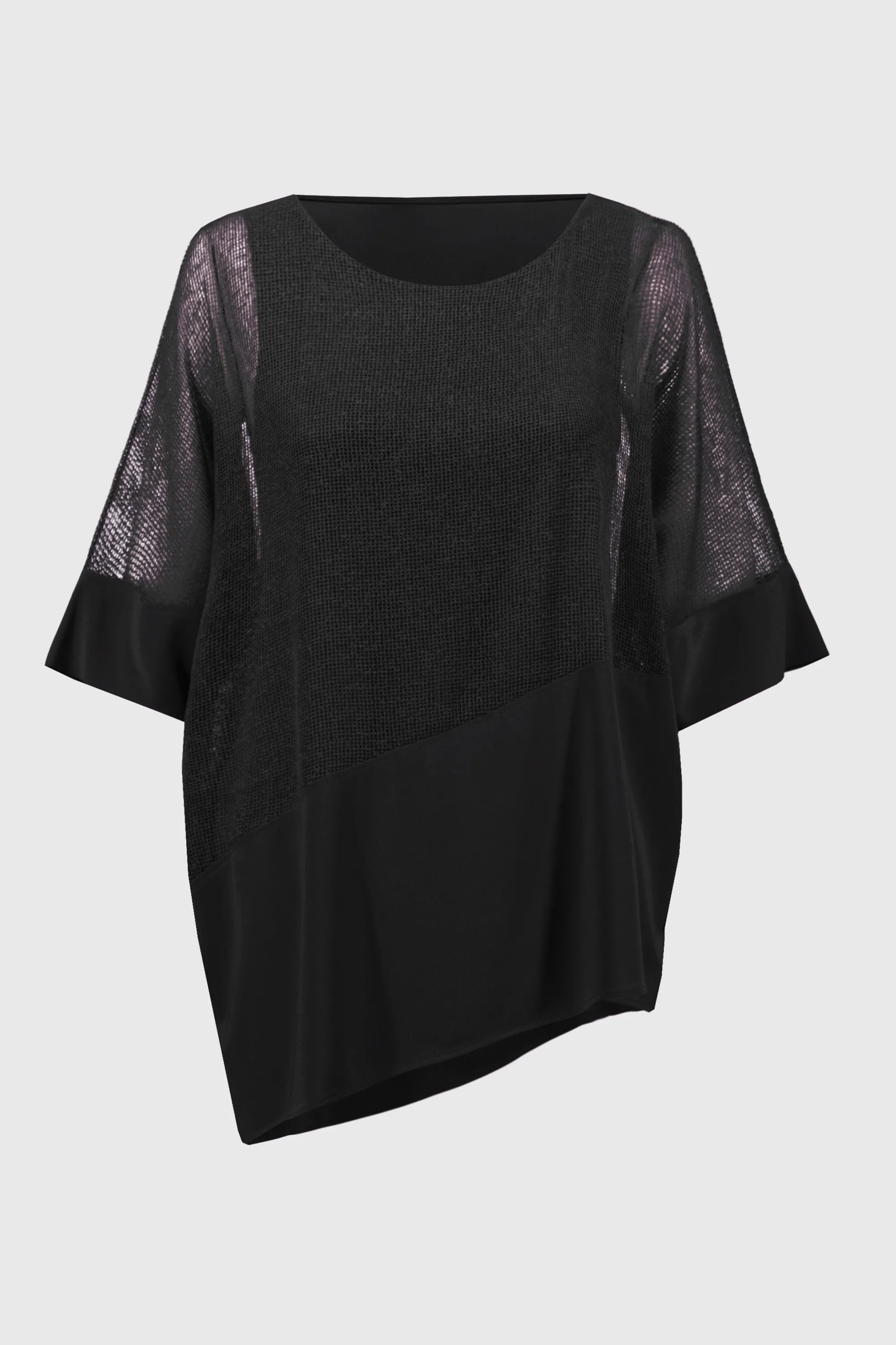 Mesh & Silky Knit Angled Top, Black